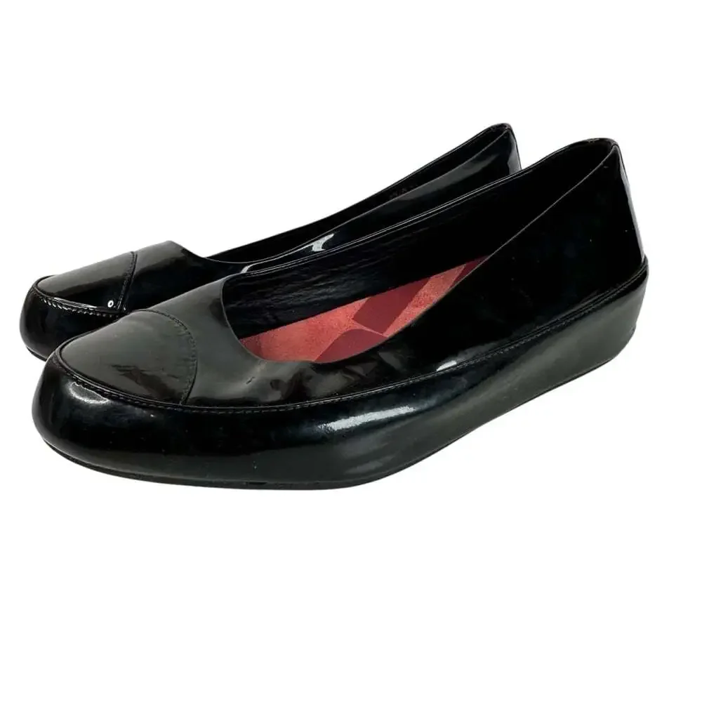 FitFlop Due Patent Ballet Flats Black Leather Platform Comfort Casual Travel 11